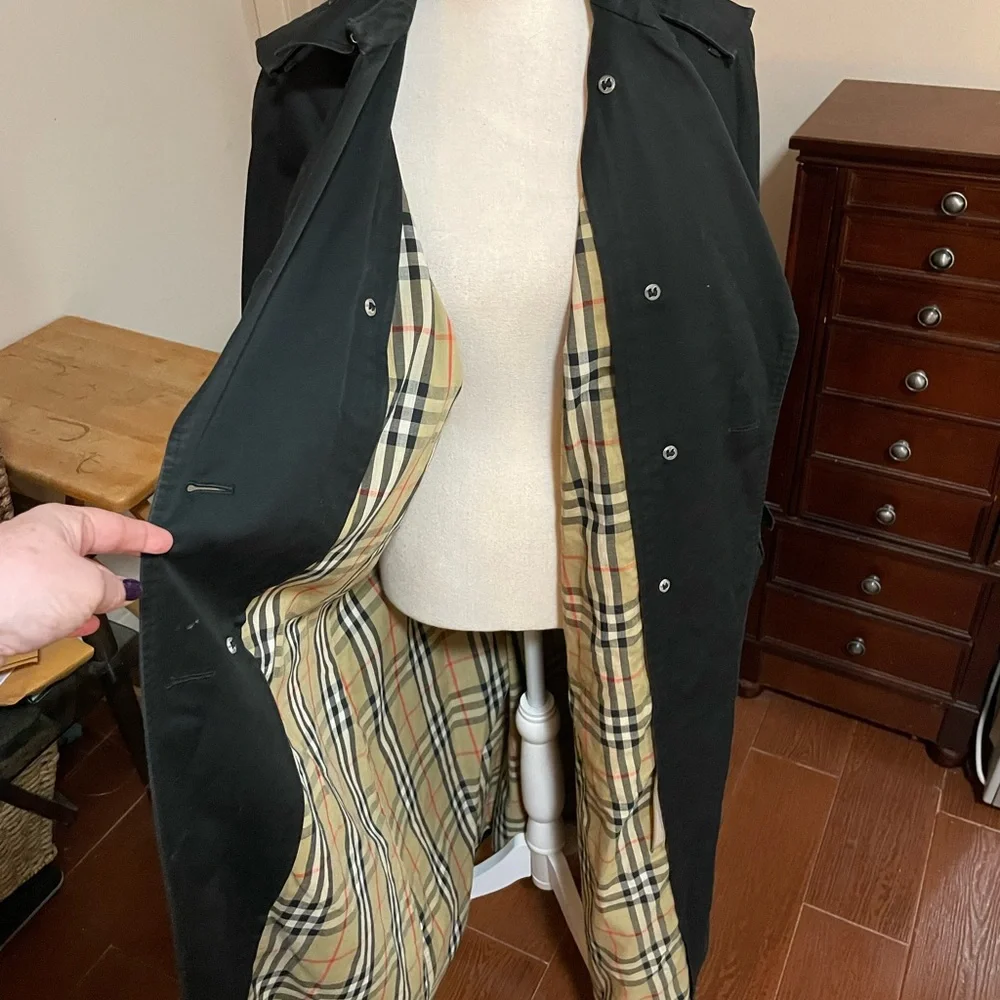 Burberry Vintage Trench Coat Black Authentic Nova Check Double Breasted 14 XLong - Picture 4 of 16